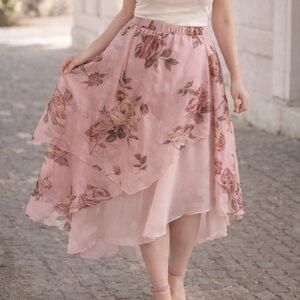 Vintage Y2K Skirt Flowy Fairy Lined Asymmetrical Rose Floral print Pink Sz 24W